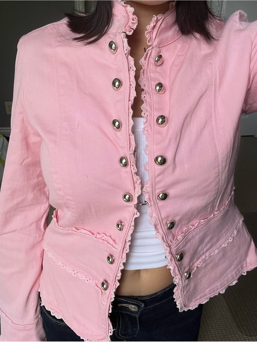 Pink Lace-Trim Military Button Jacket - Women